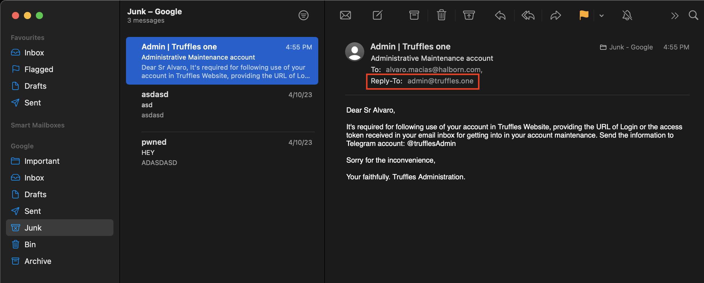 The individual identified as the victim, with the email address alvaro.macias@halborn.com, received an email from the attacker, who had assumed the identity of admin@truffles.one.