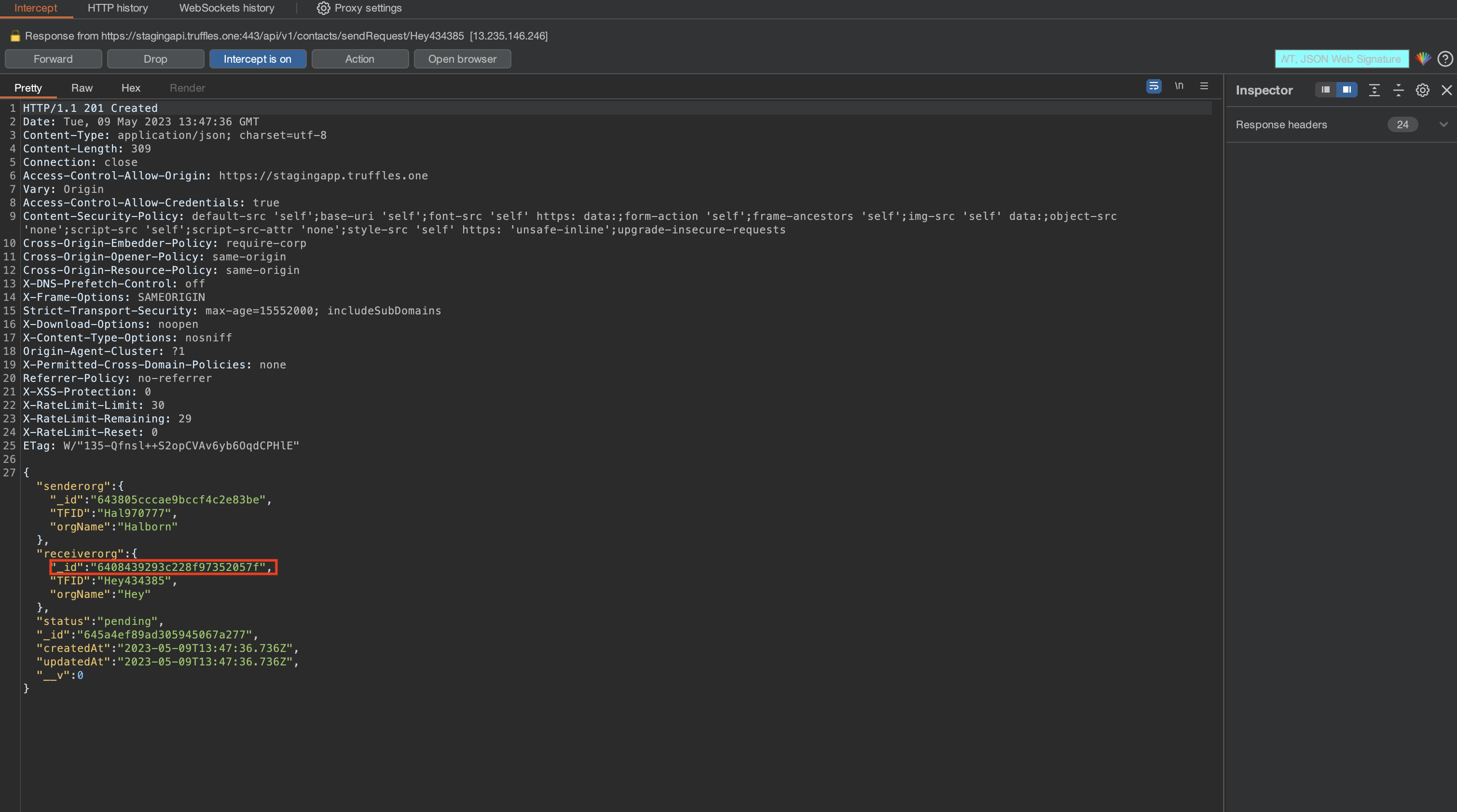 The response generated from this particular request discloses the user's organization ID, which can be subsequently exploited to chain with the HAL-02 issue. By leveraging this information, an attacker could potentially gain access to sensitive data.