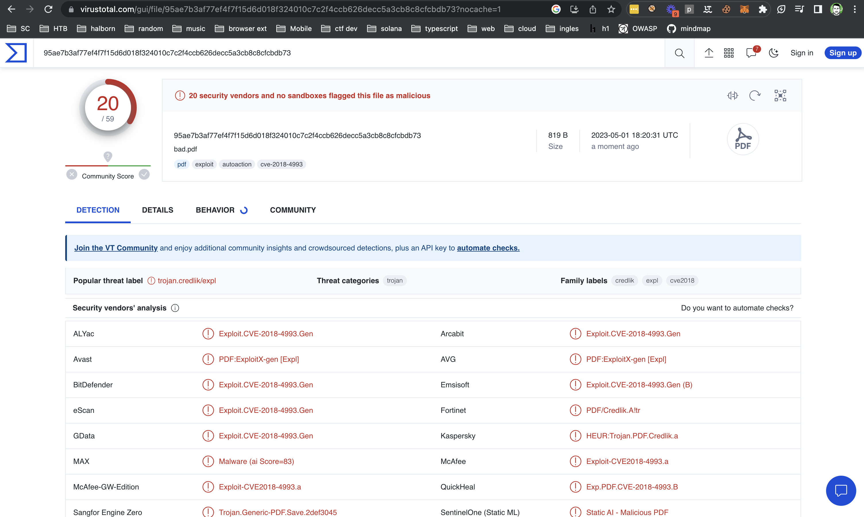 The uploaded PDF file underwent VirusTotal detection, revealing the presence of a potential virus or malware.