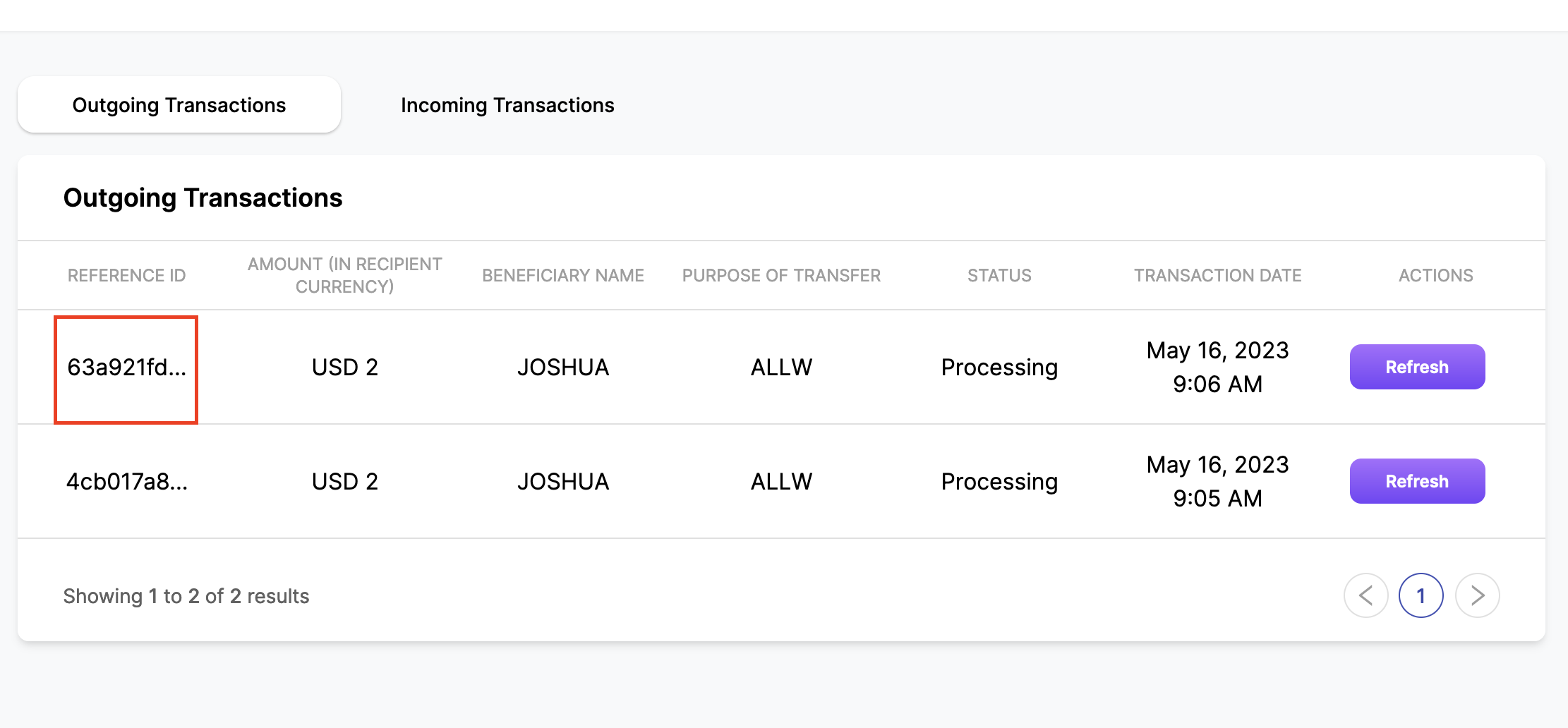 Finally, the user successfully initiated an outgoing transfer without the requirement of a two-factor authentication (2FA) OTP.