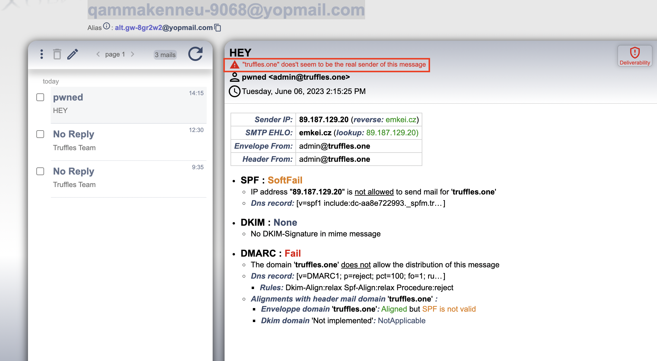 The email failed to achieve deliverability. It appeared that Truffles.one was not the legitimate sender of the message.