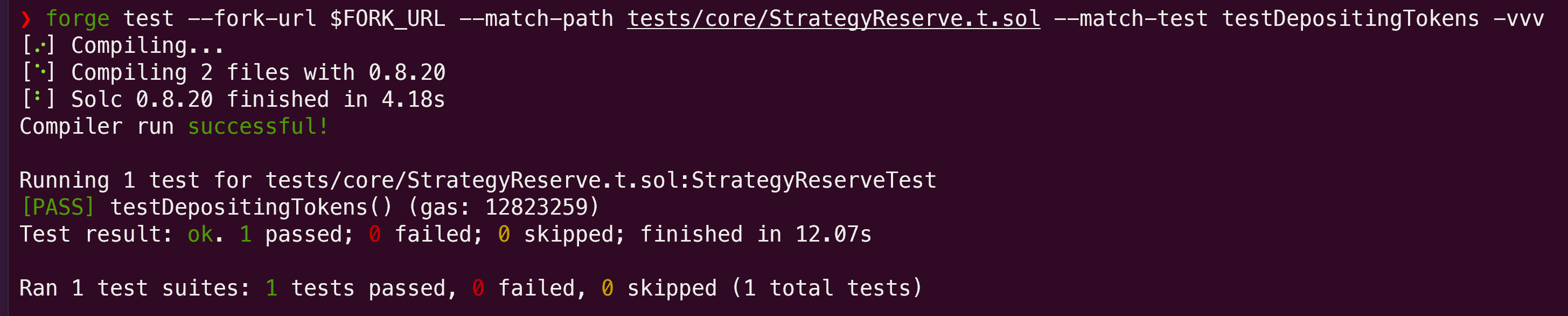 Result of executing testDepositingTokens function