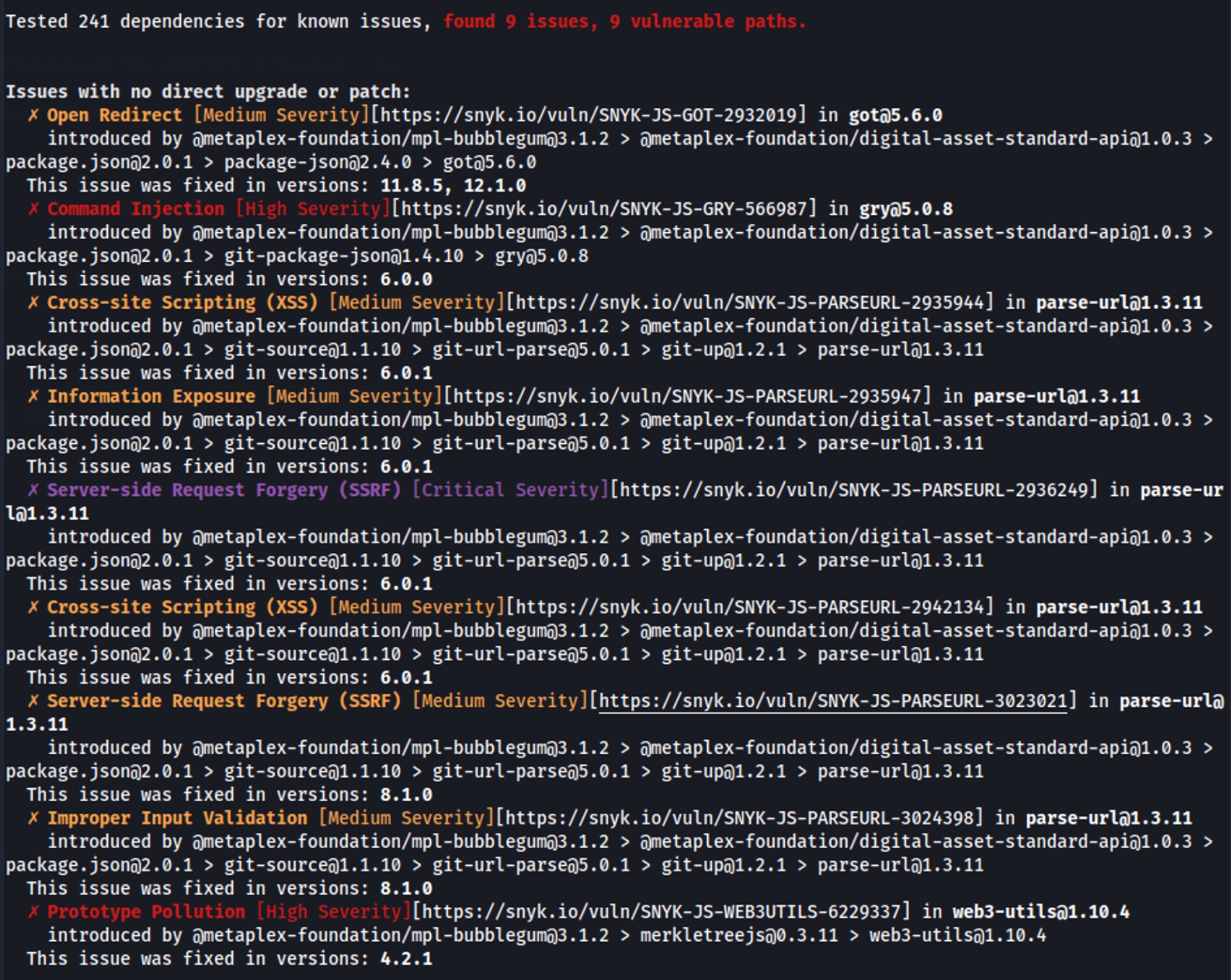 `snyk test --all-projects` command output revealing vulnerable package dependencies