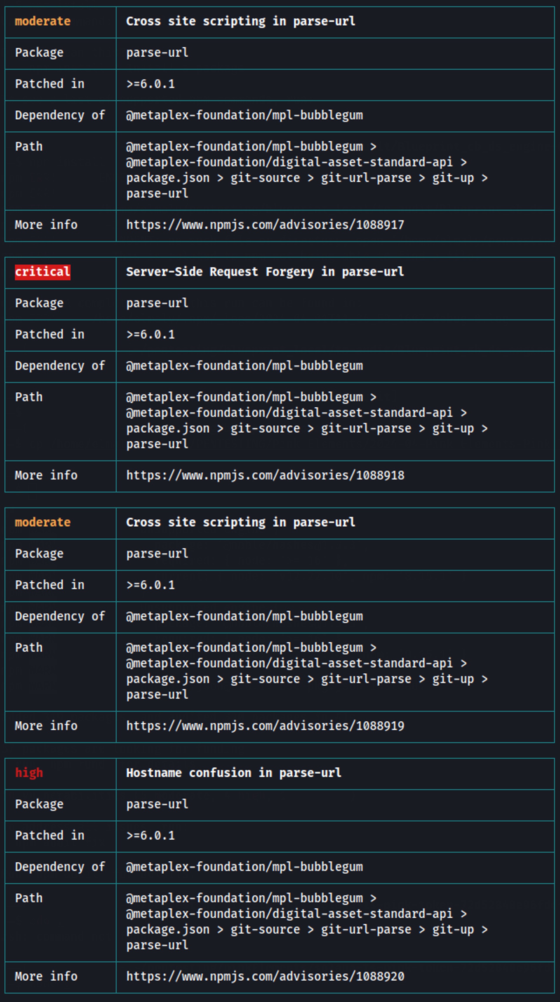 `yarn audit` command output revealing vulnerable package dependencies (I)