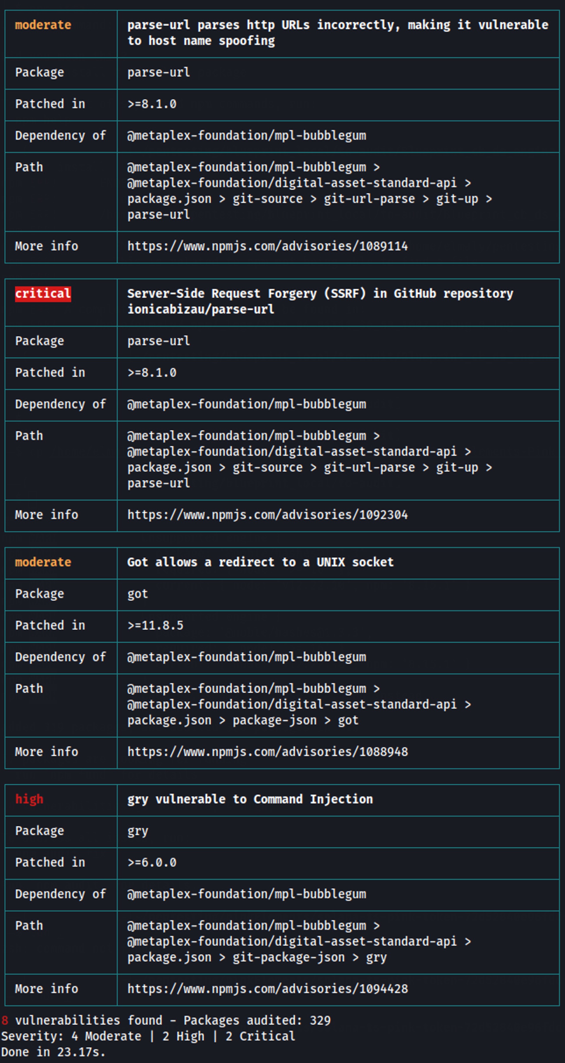 `yarn audit` command output revealing vulnerable package dependencies (II)