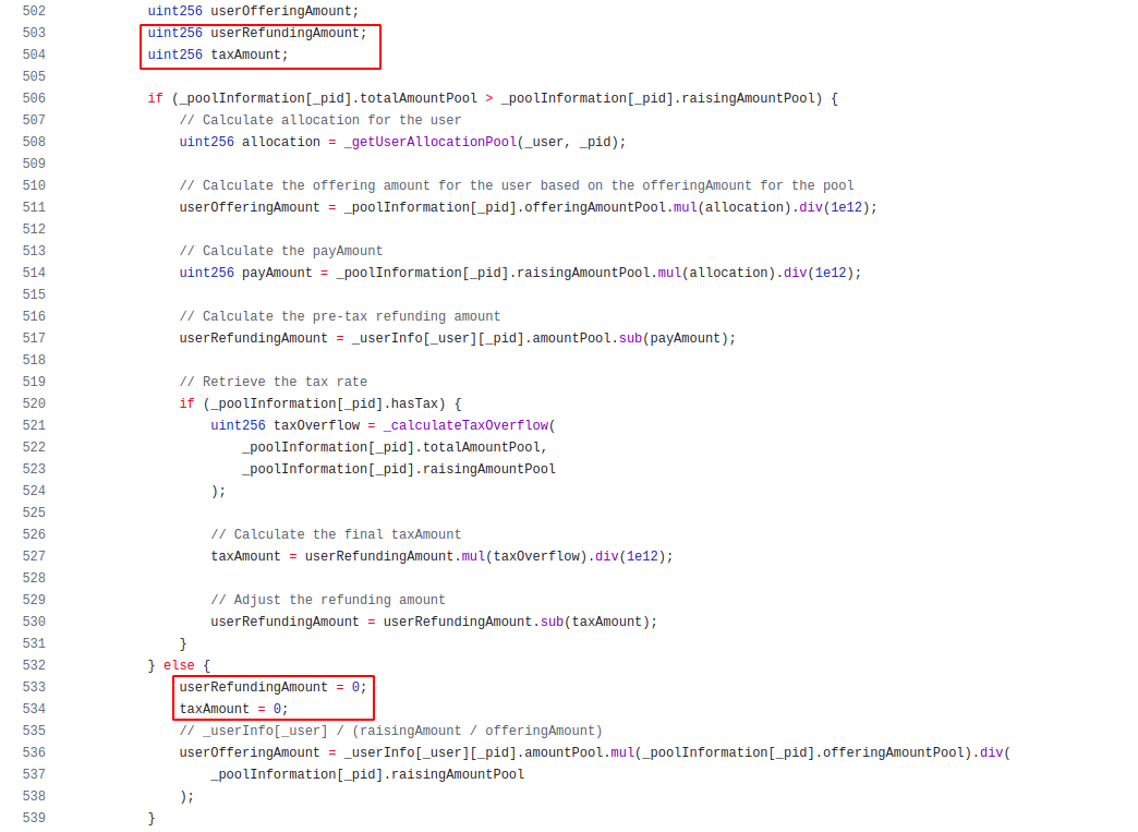 _calculateOfferingAndRefundingAmountsPool() function