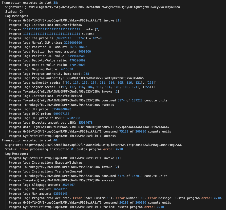 RequestWithdraw and ExecuteWithdraw instruction logs.