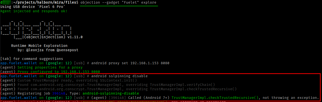 Disabling SSL pinning using objection.