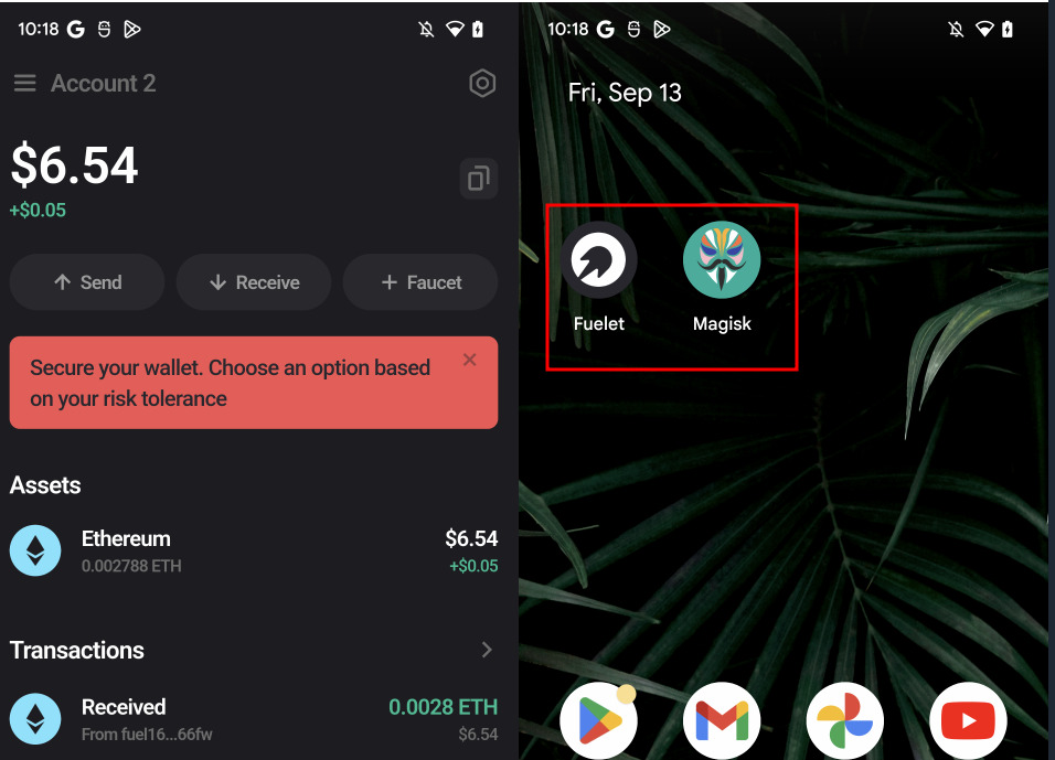 Fuelet wallet installed and running on a rooted Android device.