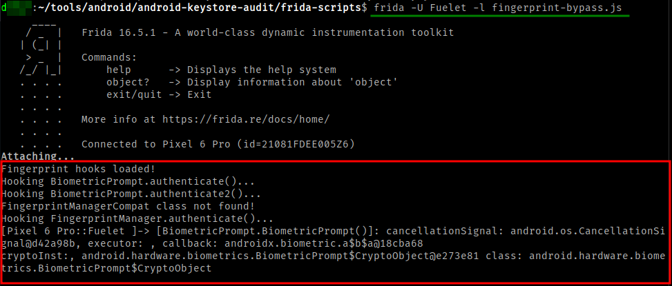 Fingerprint bypass using a Frida script.